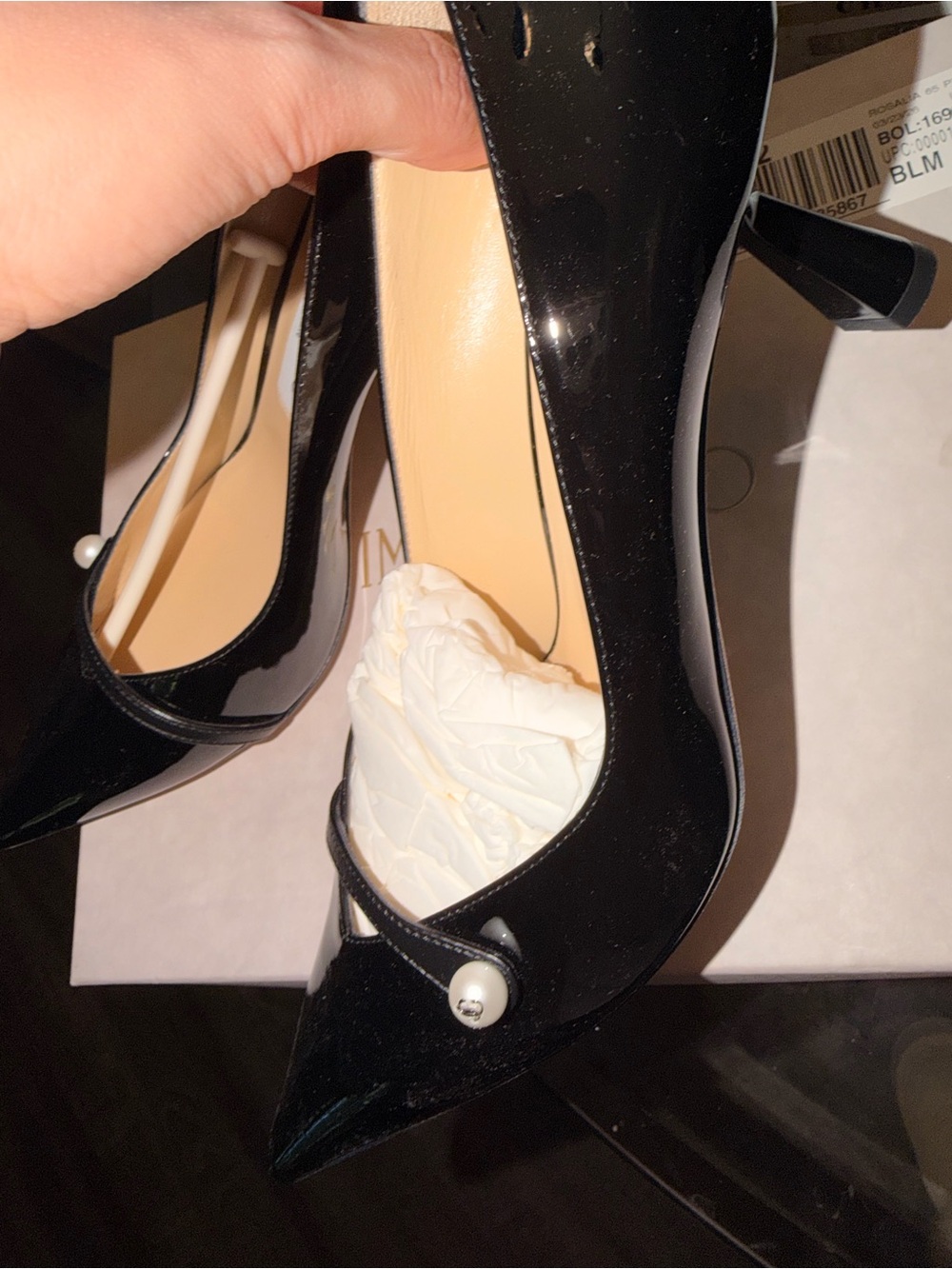 Jimmy Choo Black Patent Pointed Toe Heels with Pearl Strap - Picture 4 of 5